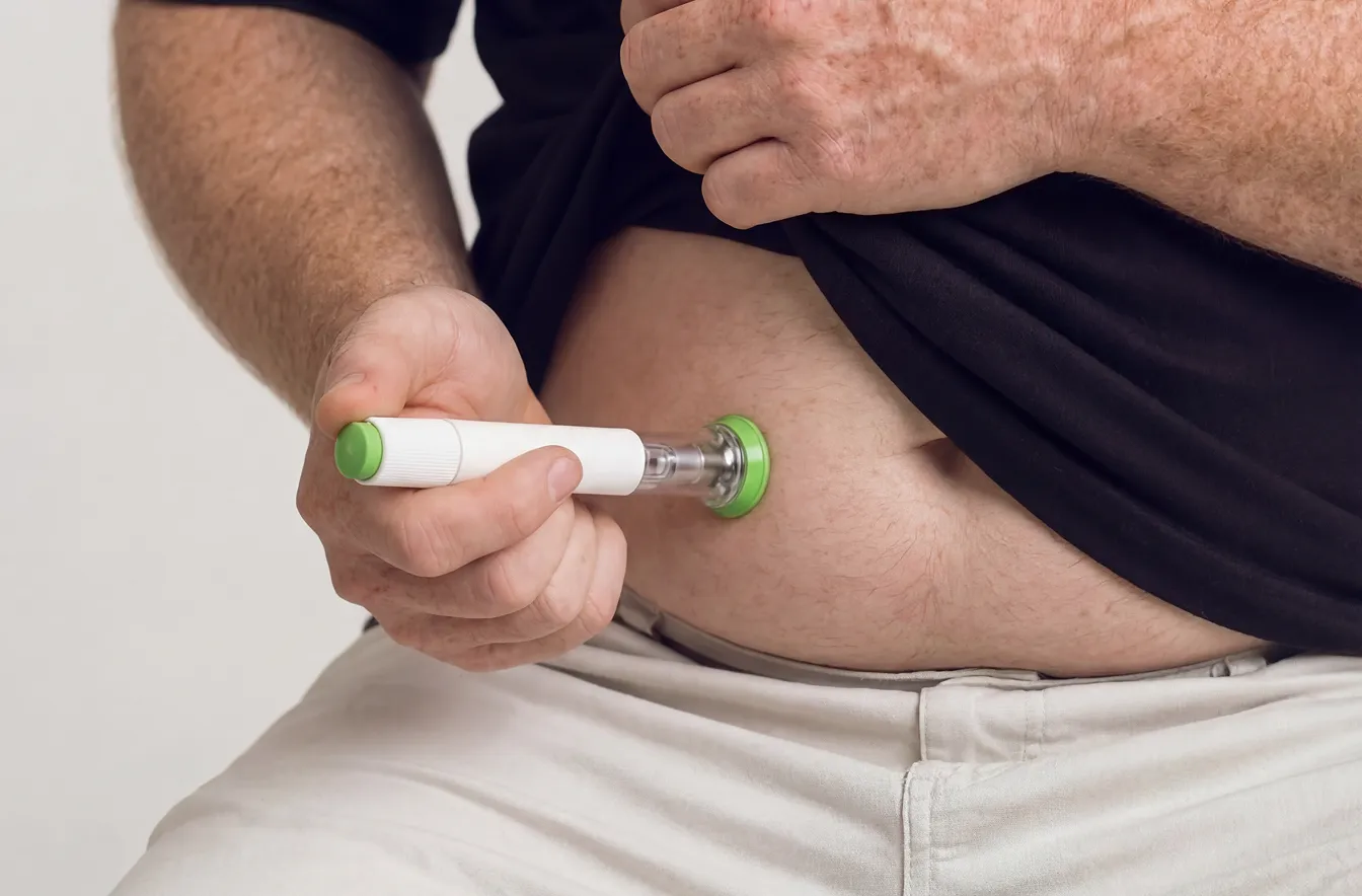 Mann mit Injektionspen am Bauch