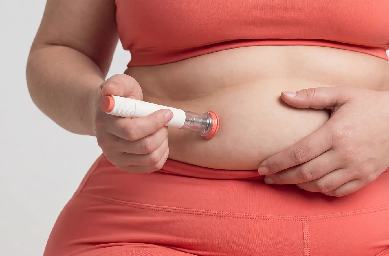 Frau mit Injektionspen am Bauch