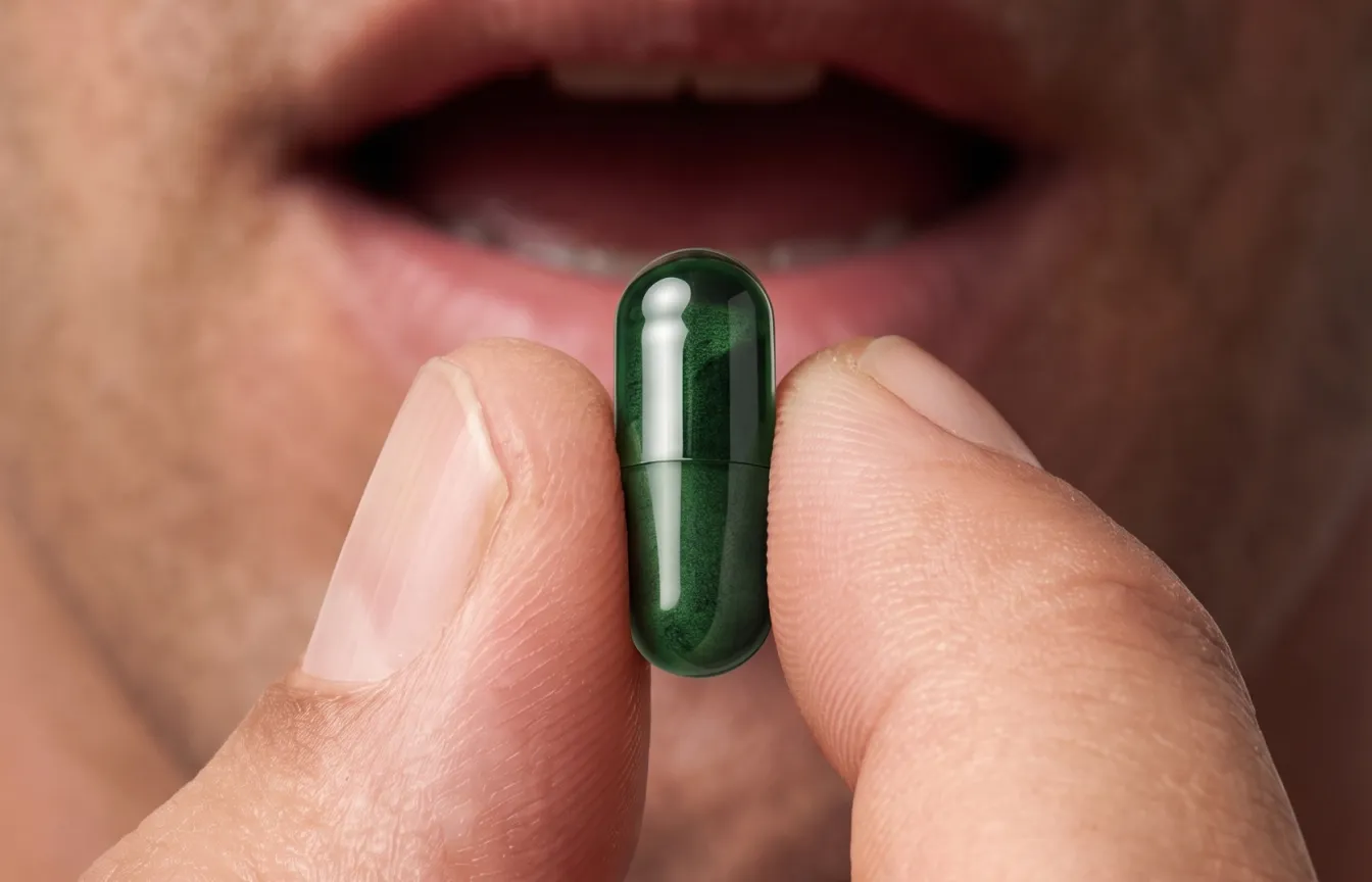 Mann führt eine grüne Everyman Haarkapsel zum Mund