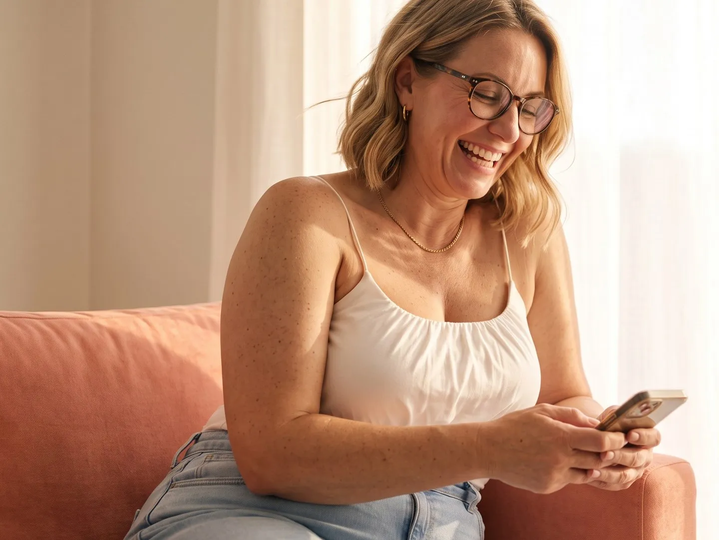 Femme sur un canapé qui chatte avec sa médecin sur son smartphone