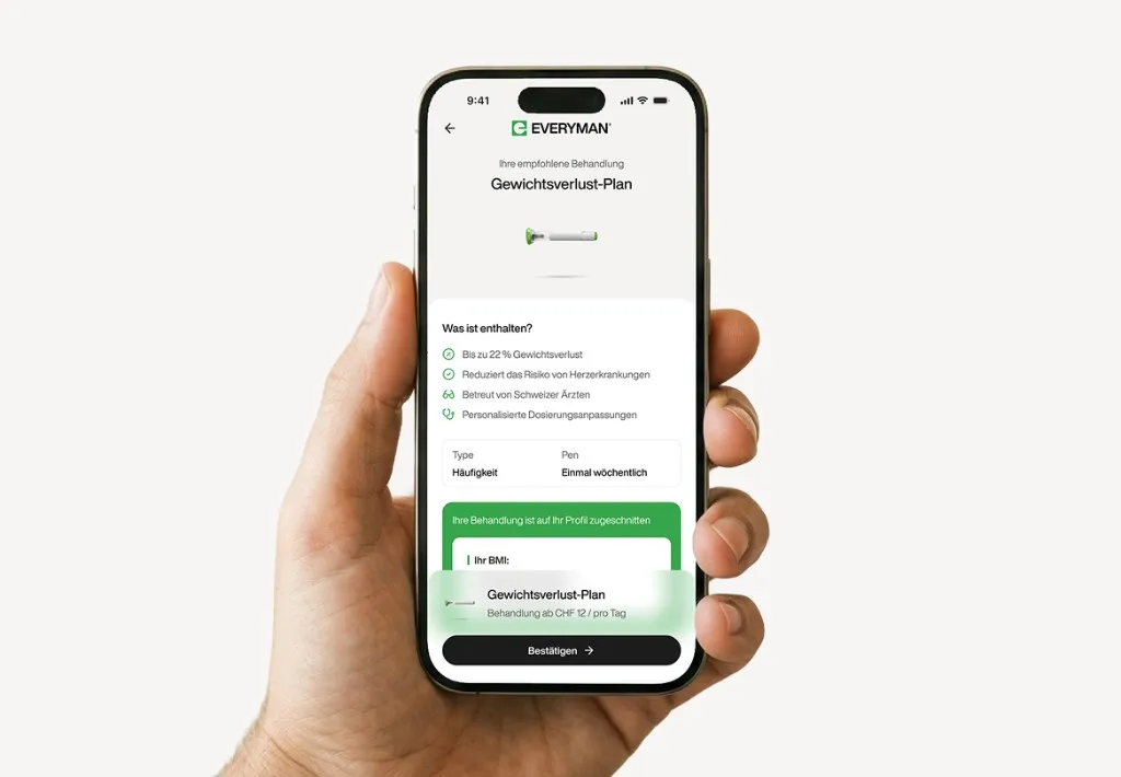 Smartphone mit empfohlener Gewichtsverlust-Behandlung, Leistungsübersicht und Bestätigen-Button