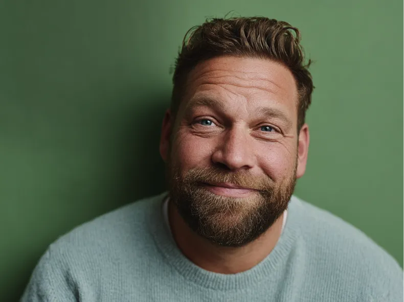 Zufriedener Mann schaut in die Kamera